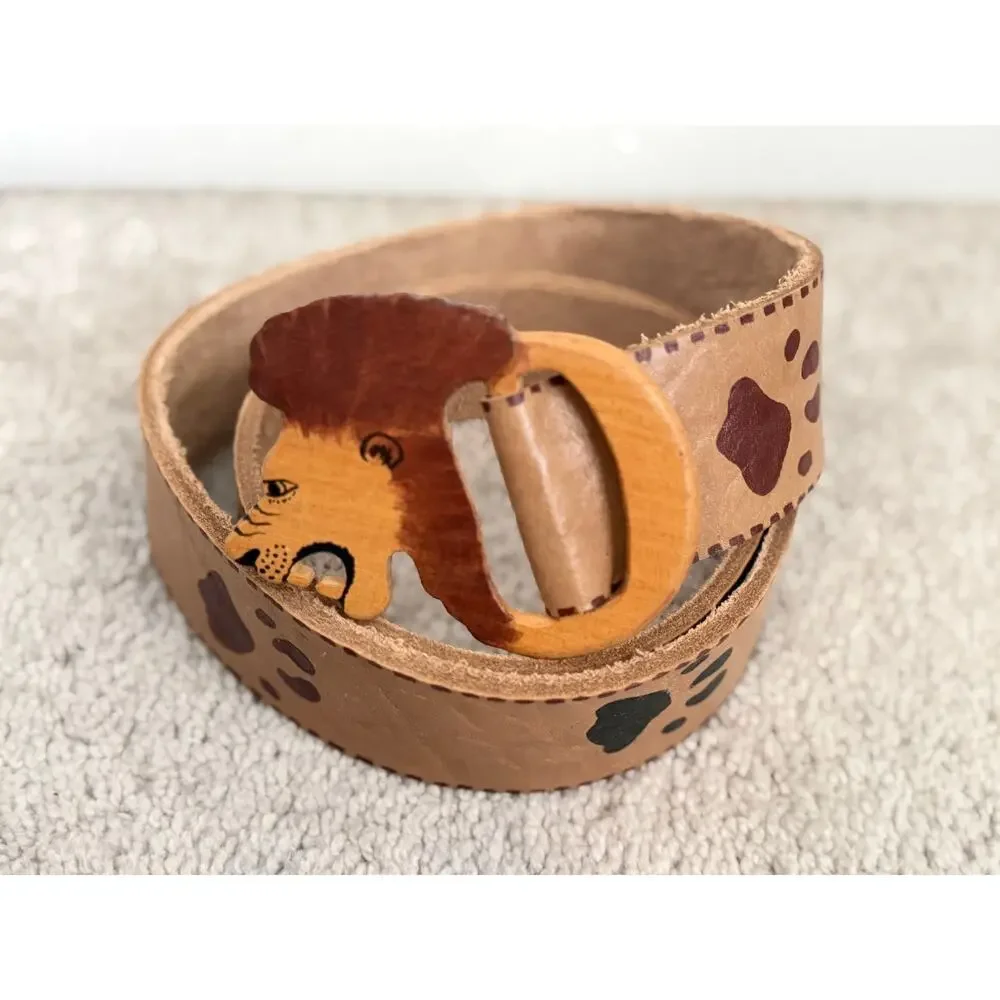 Lion Head Wood Buckle and Leather Waist Belt Brown Size Large Length - 40” NWT